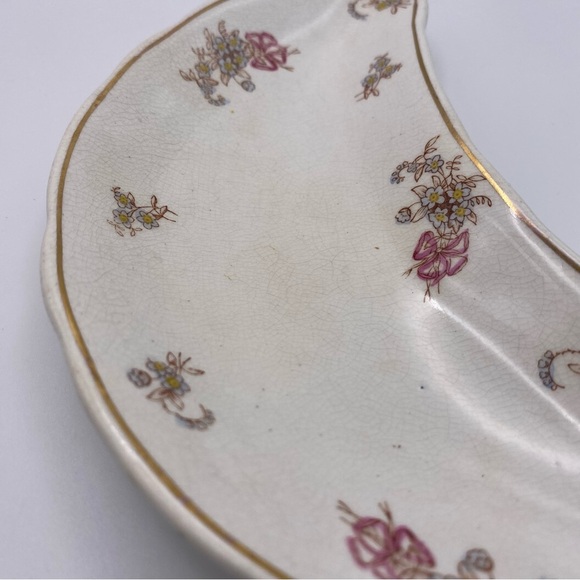 Vintage Crescent Moon Waterloo Potteries Forget Me Not Pattern Jewelry Dish - Picture 4 of 8